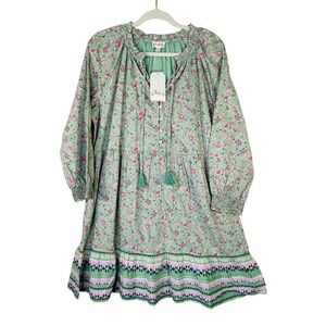 Wonderly Green Floral Tiered Boho Mini Dress Long Sleeve Tassels NWT Large